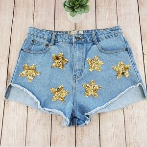 gold sequin high waisted shorts